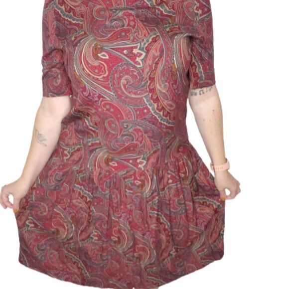 VINTAGE‎ 70s paisley dress drop waist short sleeve square neck XL - Picture 1 of 9